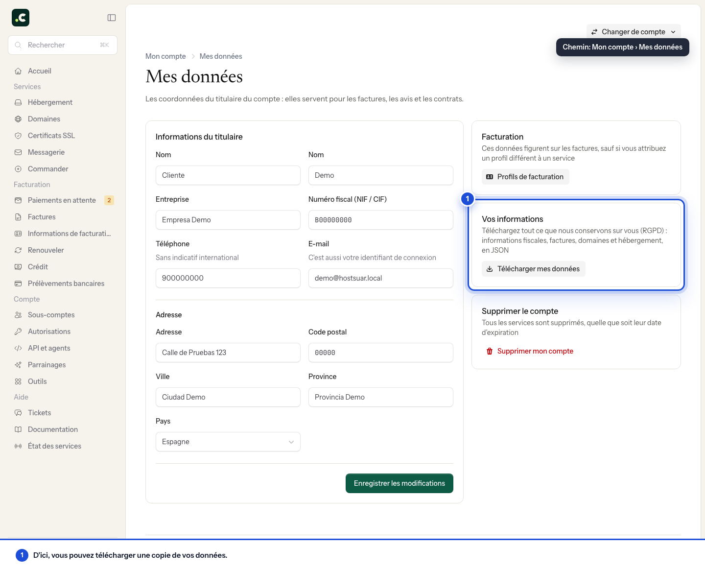 Télécharger une copie des données du compte