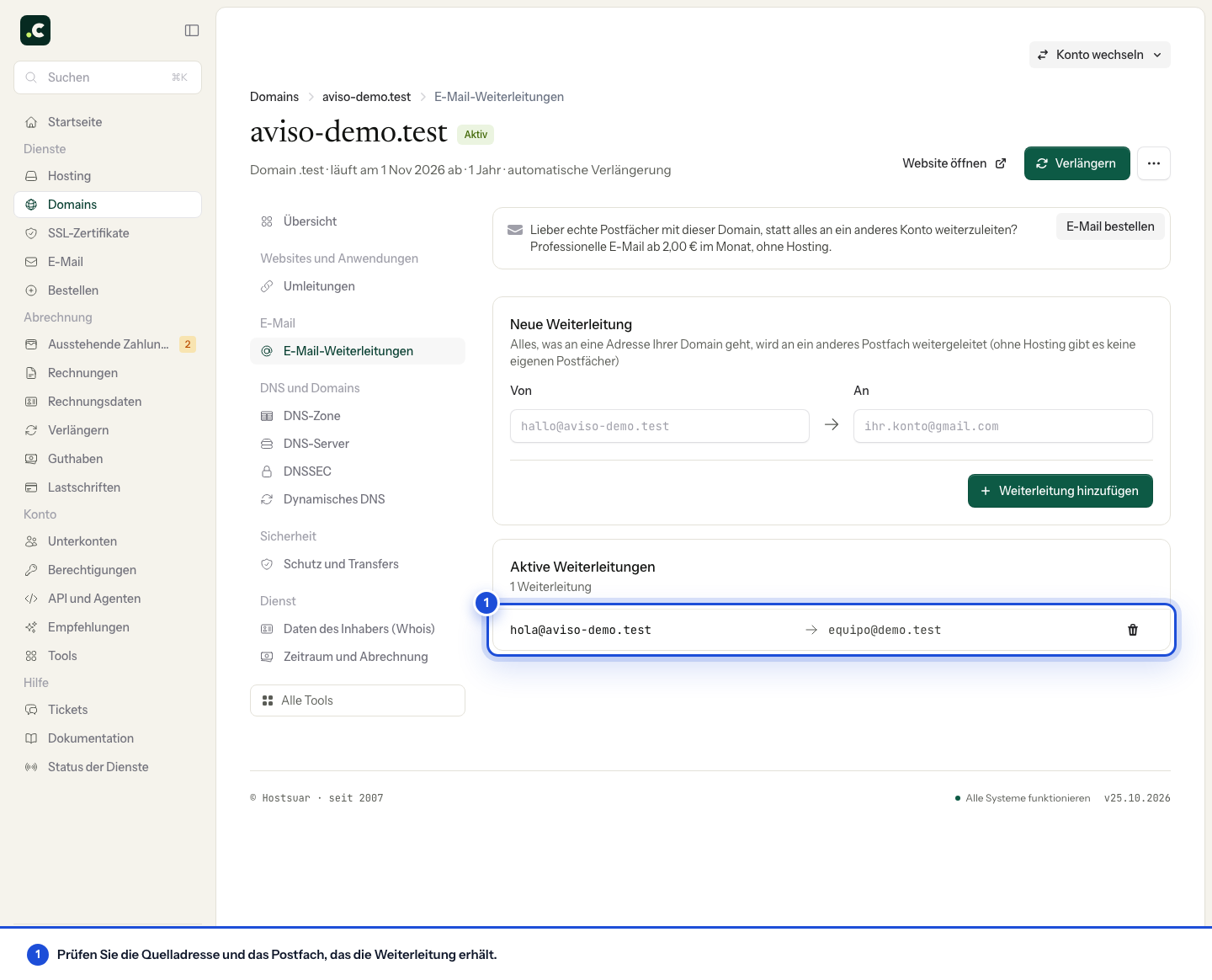 Quell- und Zieladresse einer Weiterleitung in der Demo-Domain