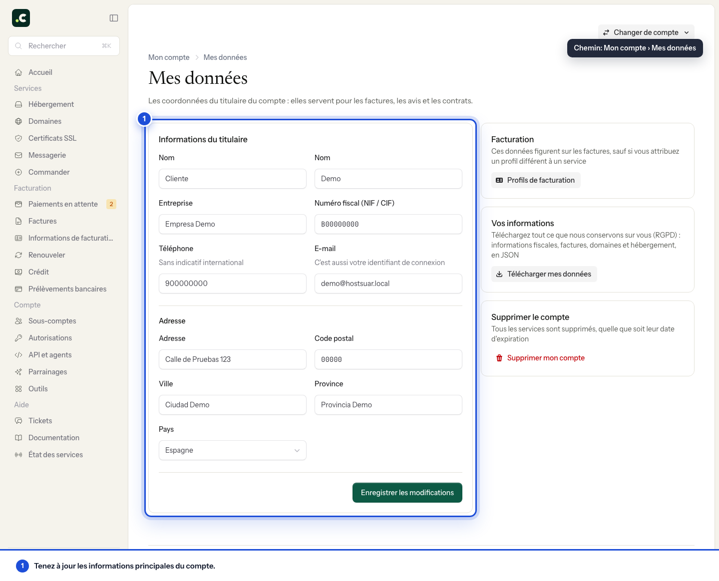 Informations principales du titulaire du compte