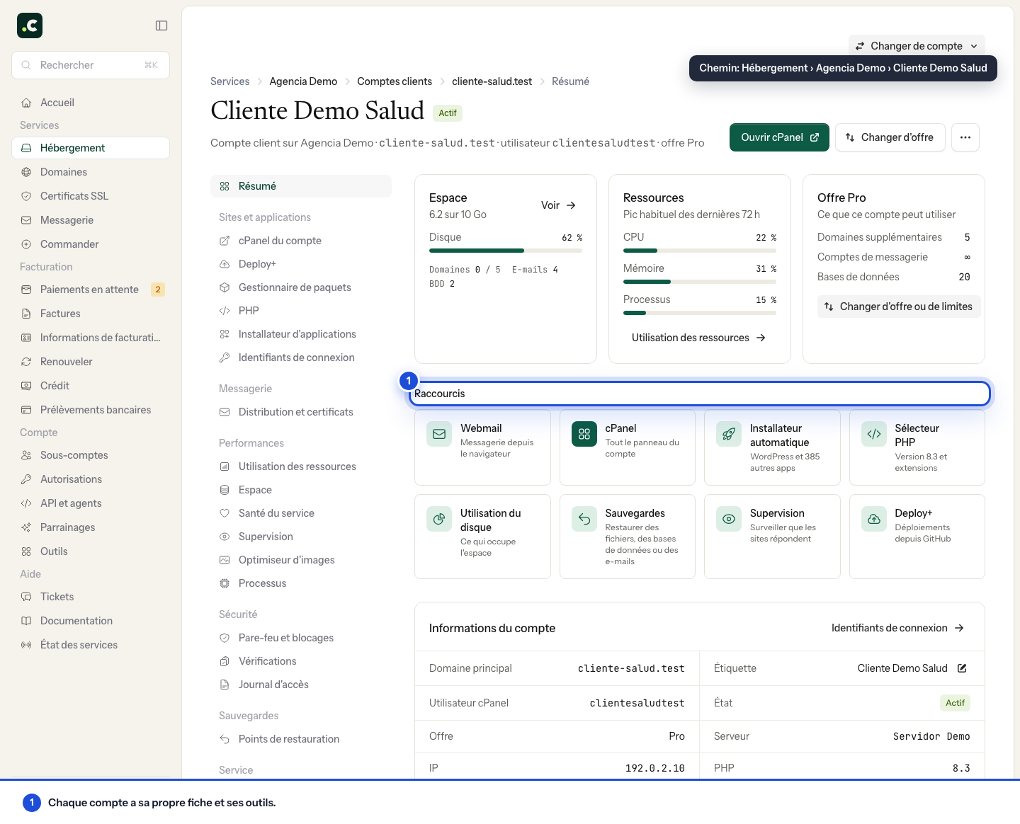 Fiche d'un compte du revendeur