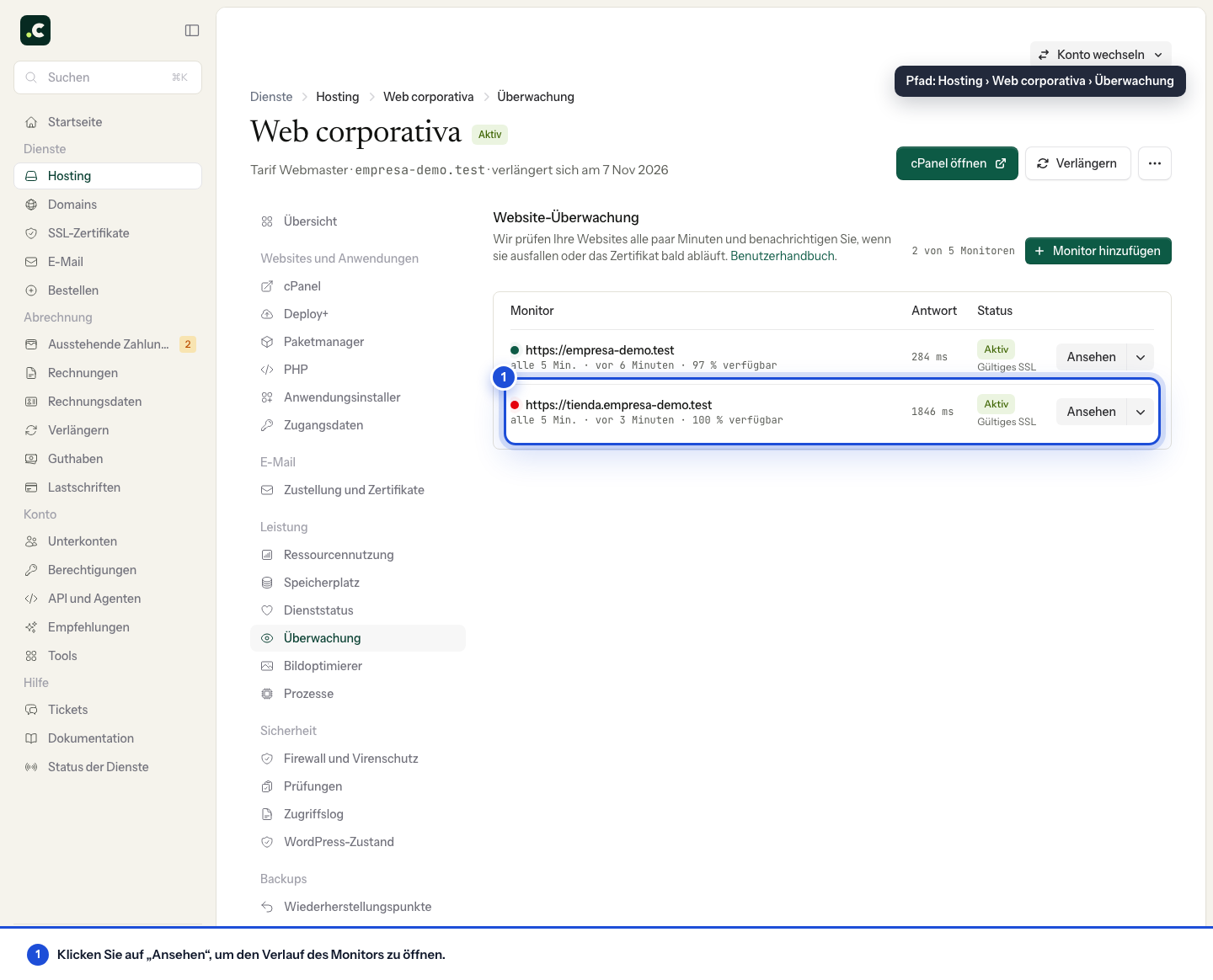 Liste der Monitore und Status der Websites
