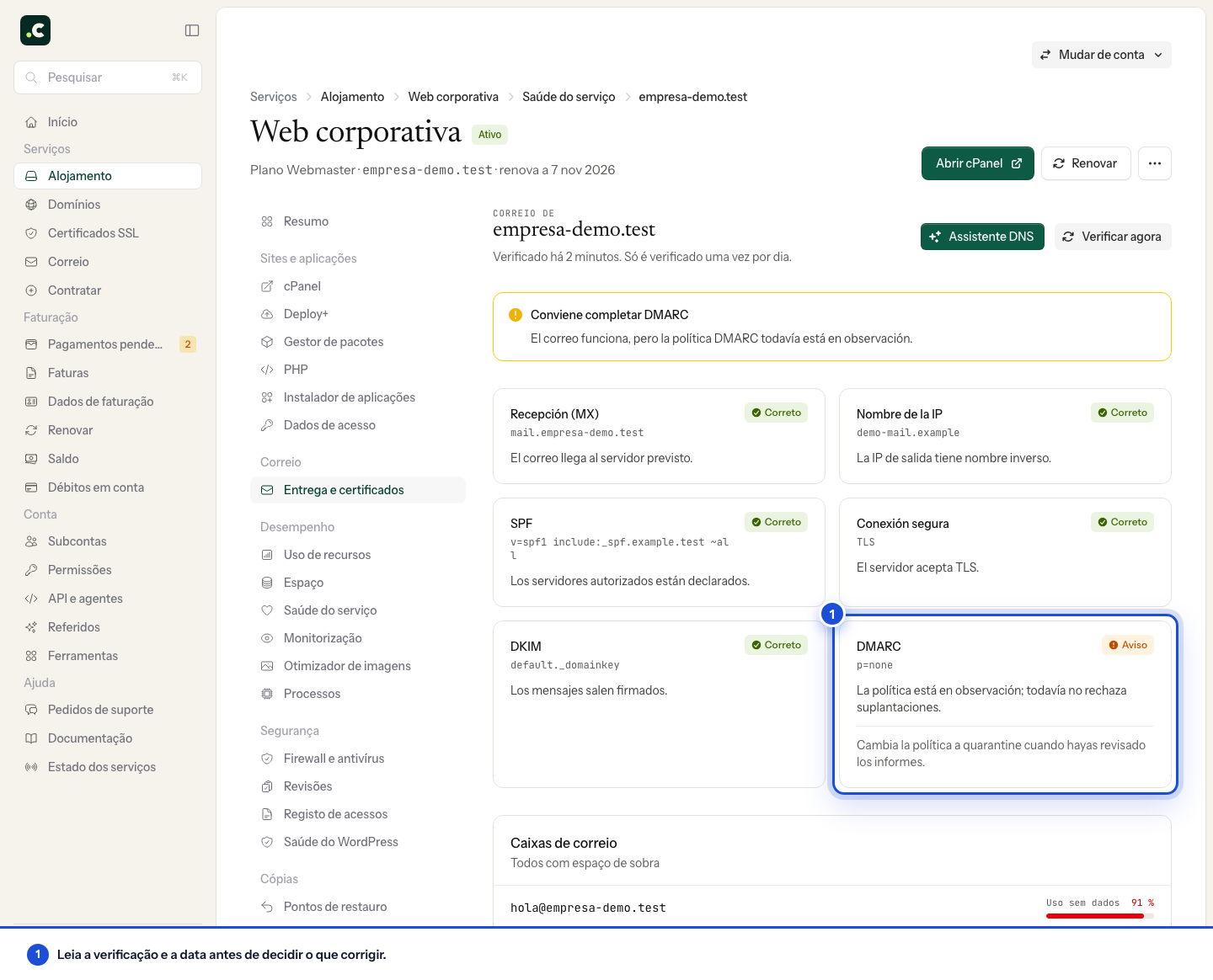 Verificações de correio, DMARC e caixas de correio de um domínio