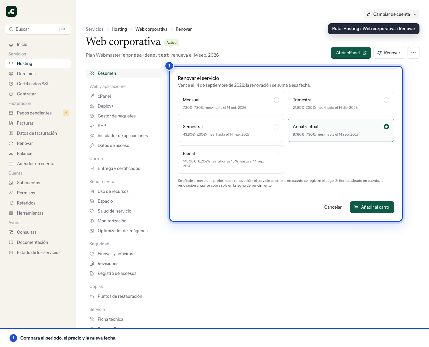 Renovar un hosting y elegir el periodo