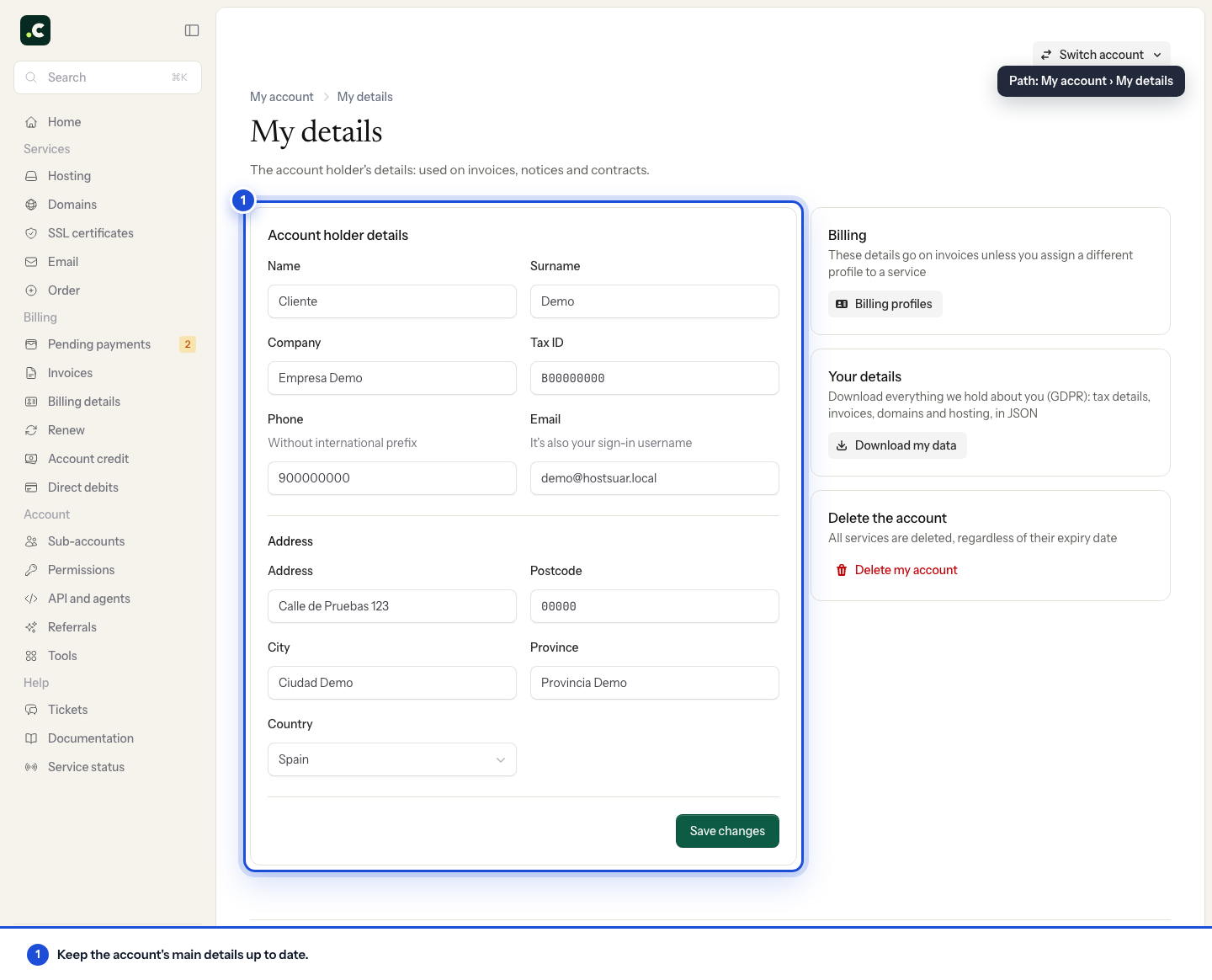 Main details of the account holder