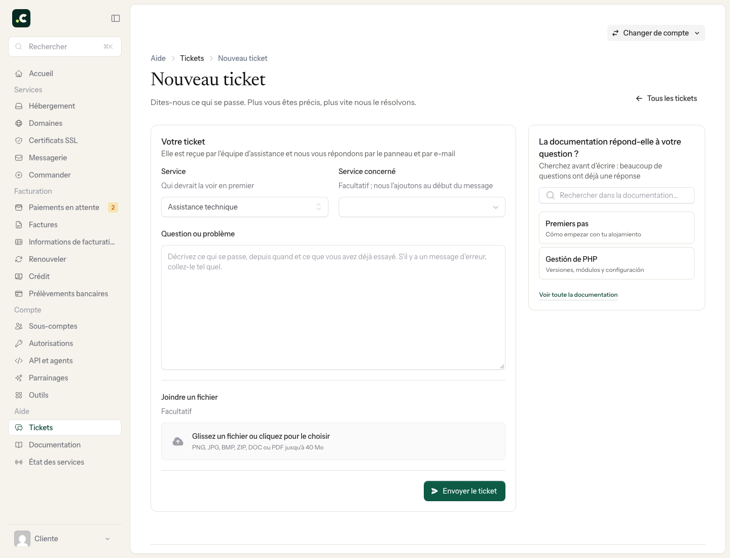 Nouveau ticket avec service destinataire, service concerné, message et pièce jointe