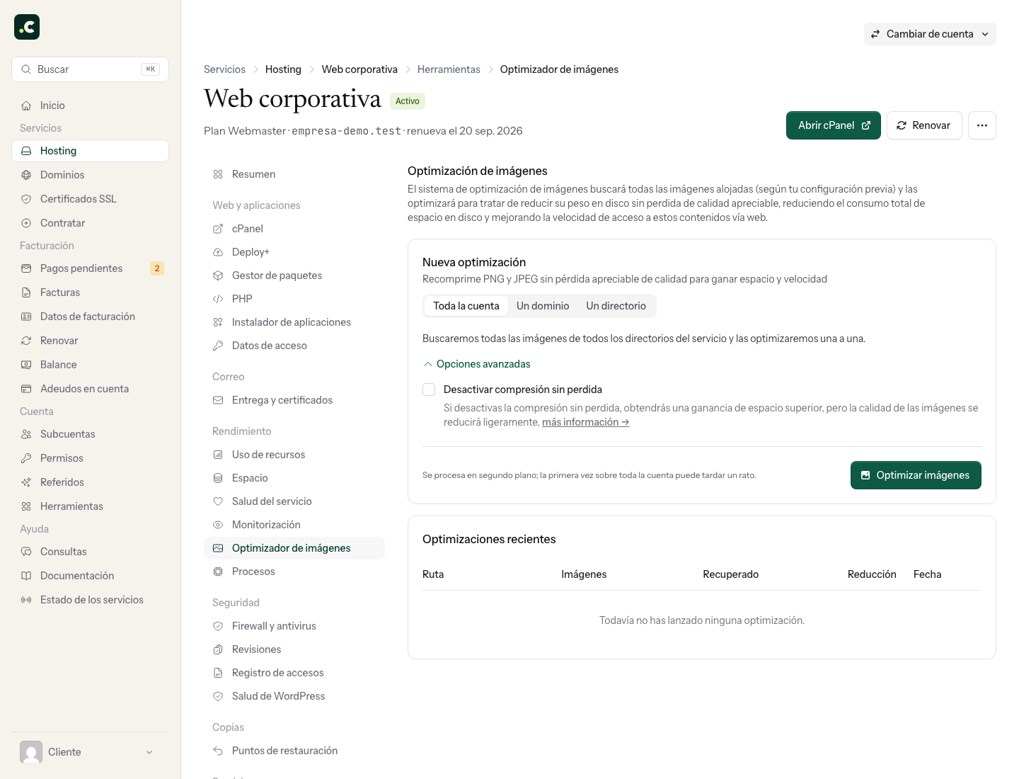 Opciones avanzadas del optimizador de imágenes