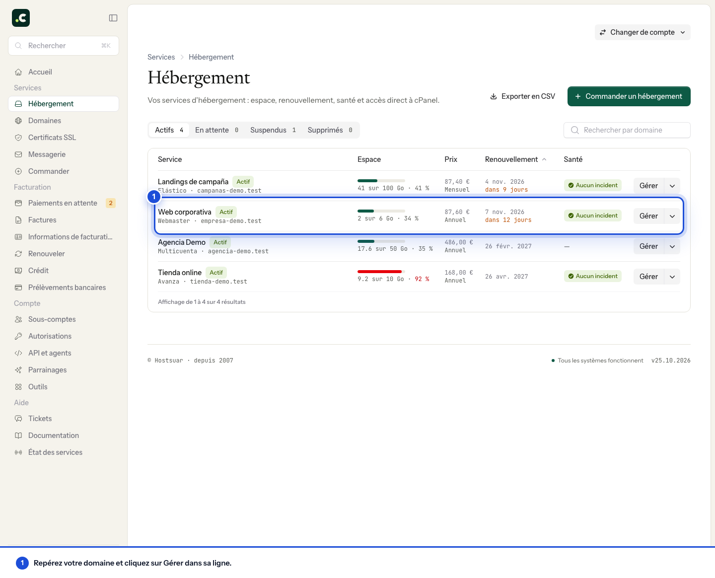 Liste des hébergements avec la ligne du service et son bouton Gérer