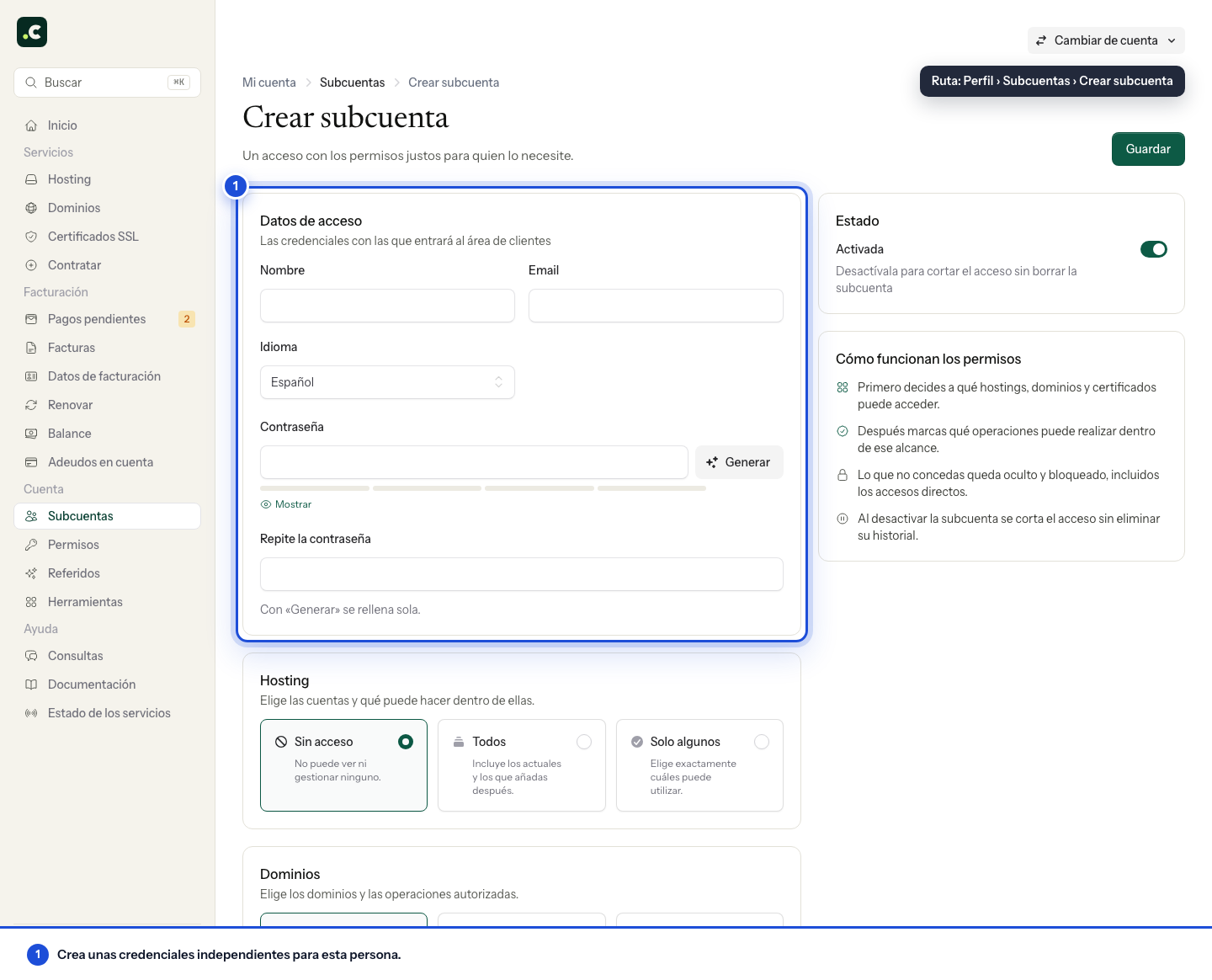 Crear una subcuenta y limitar su acceso