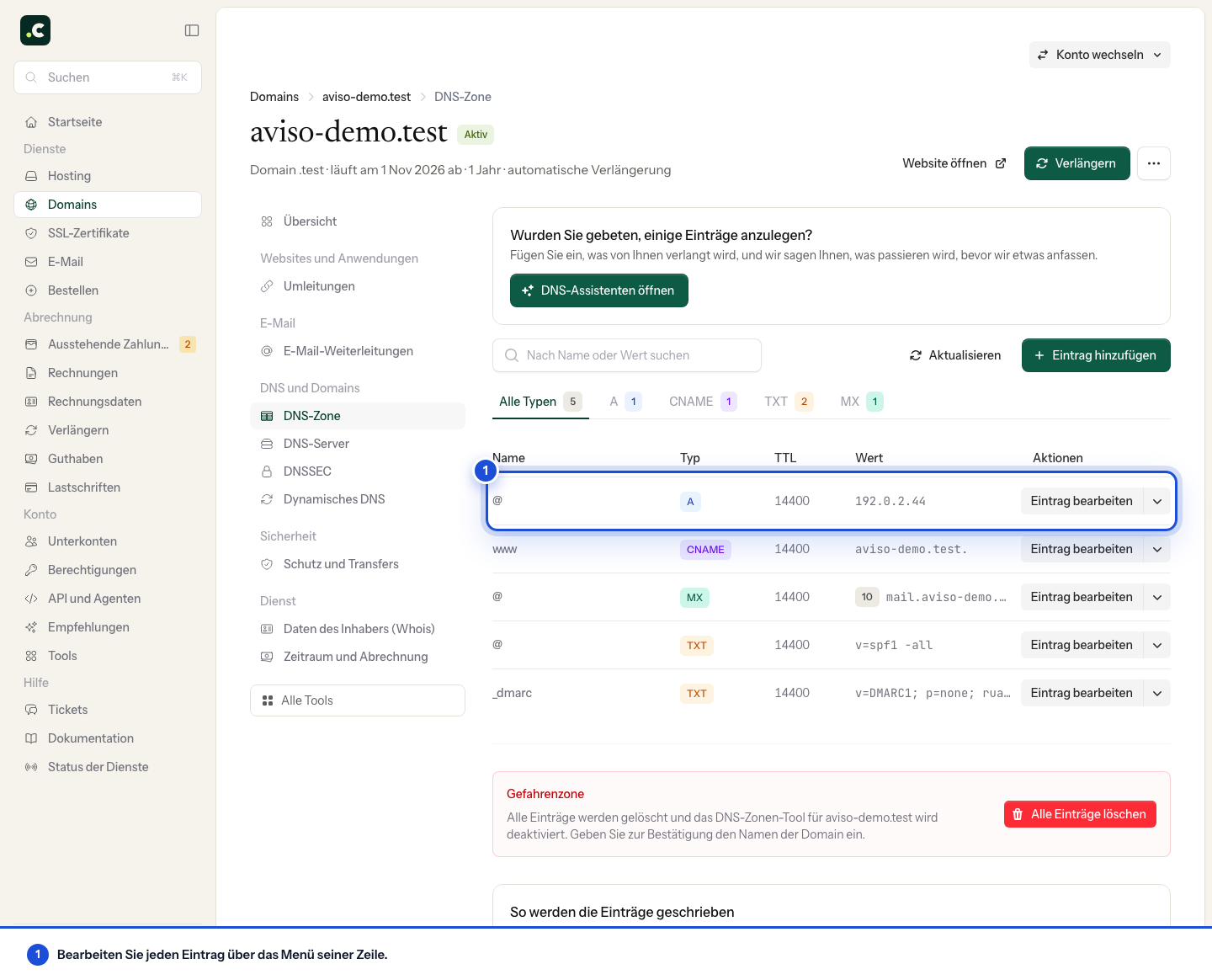 Editor der DNS-Zone der Demo-Domain: Zeile eines A-Eintrags und Menü zum Bearbeiten