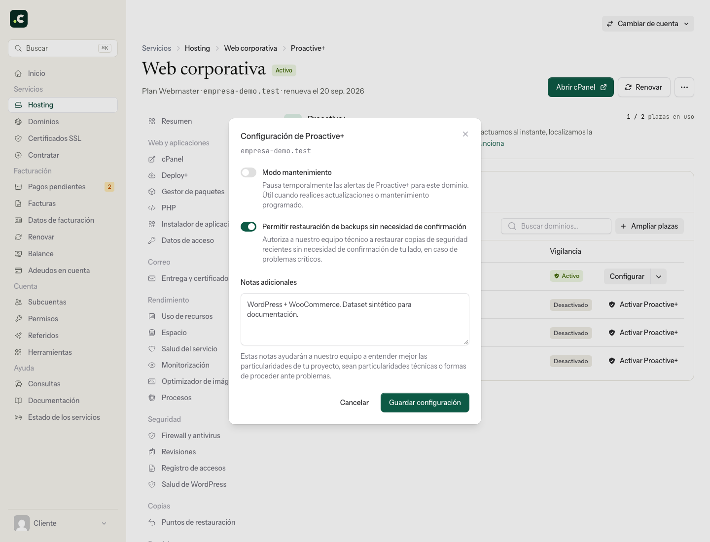 Configuración de mantenimiento, notas y permisos de Proactive+ en la cuenta demo