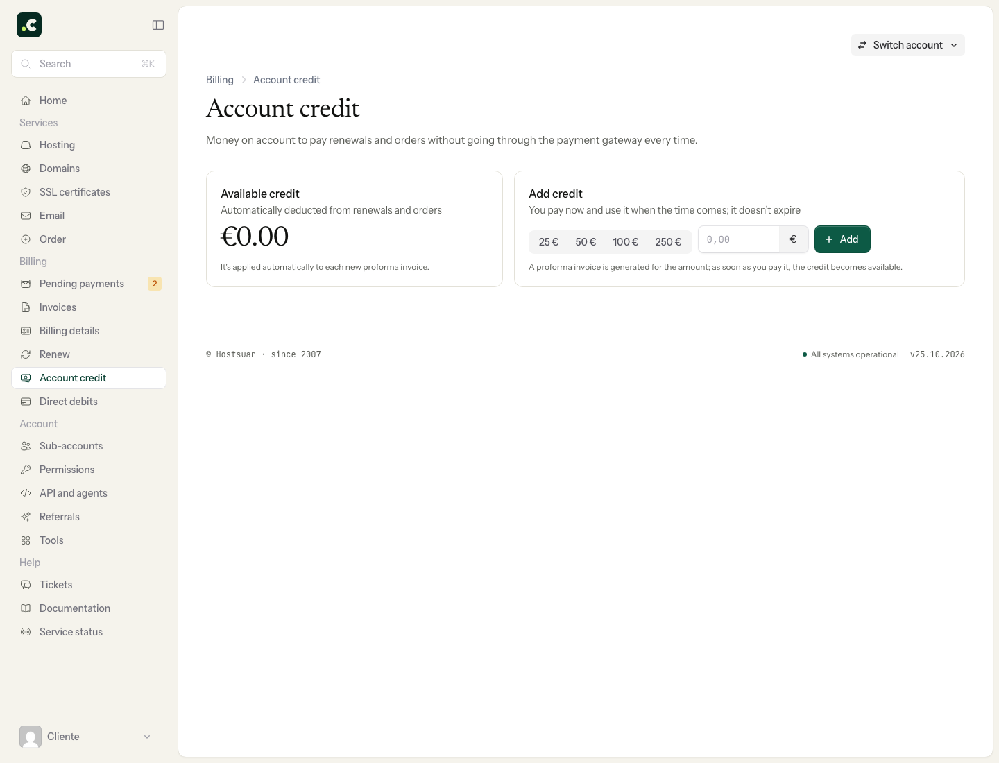 Available credit and form to add credit on the demo account