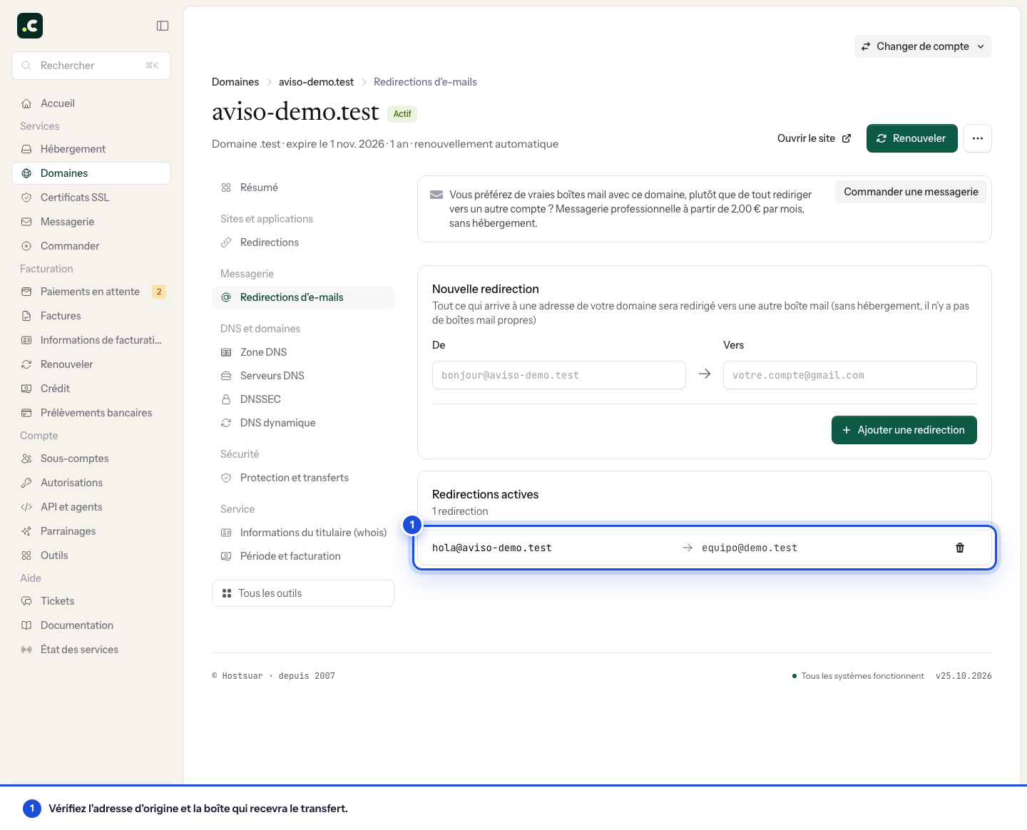Adresse d'origine et de destination d'une redirection sur le domaine de démonstration