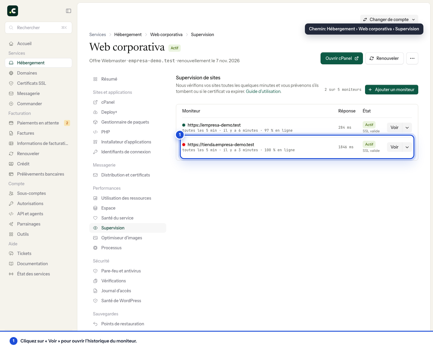 Liste des moniteurs et état des sites
