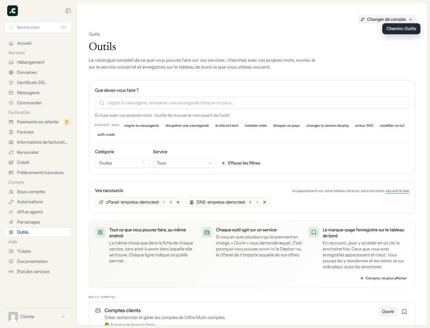 Le centre d'outils