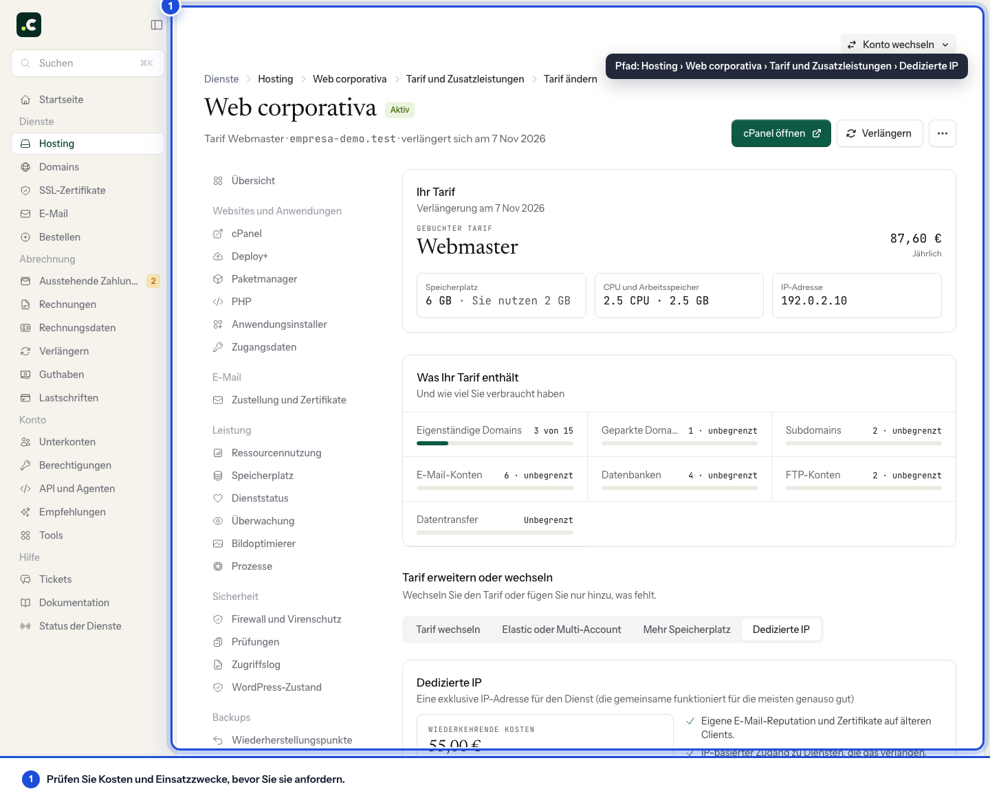 Eine dedizierte IP für das Hosting bestellen
