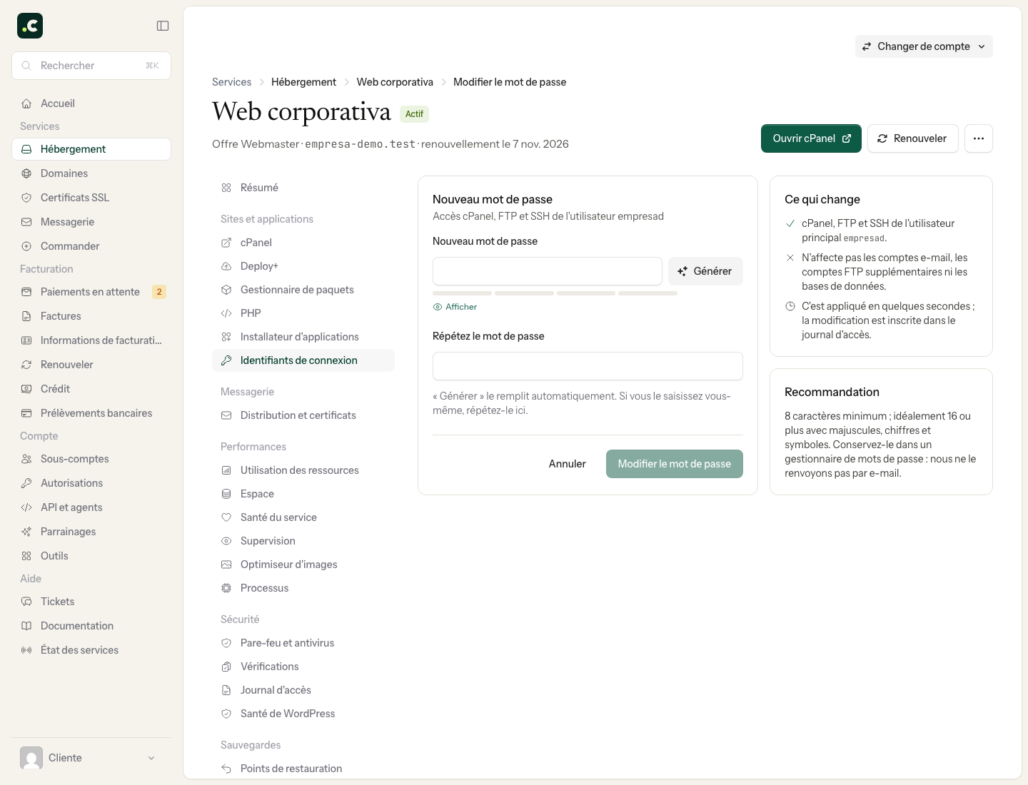 Formulaire pour définir un nouveau mot de passe principal de l'hébergement