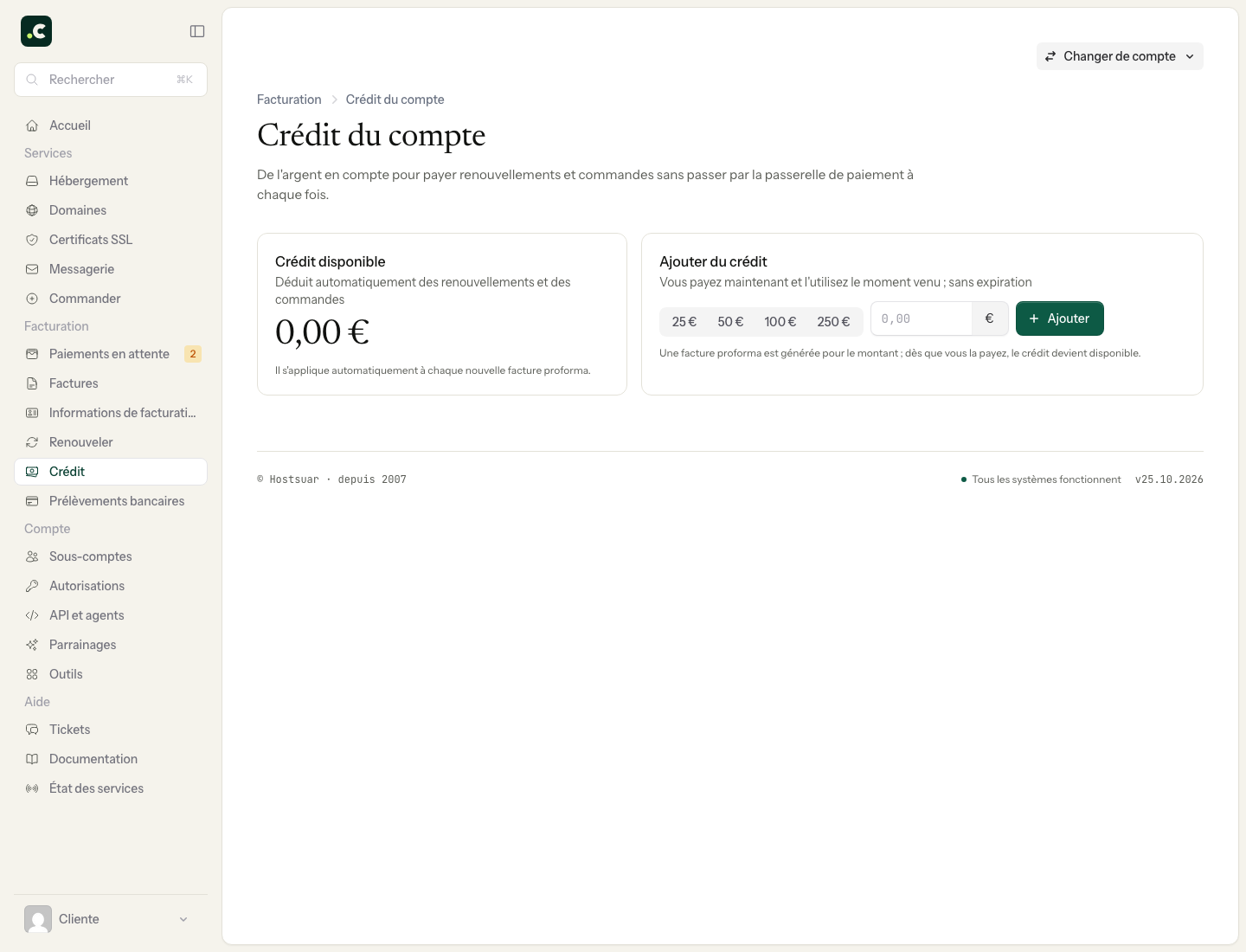 Crédit disponible et formulaire pour ajouter du crédit sur le compte de démonstration