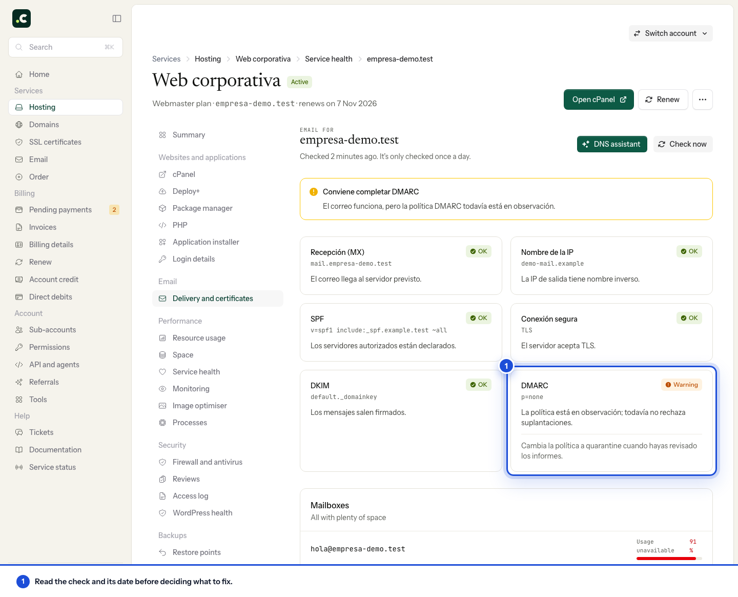 Email, DMARC and mailbox checks for a domain