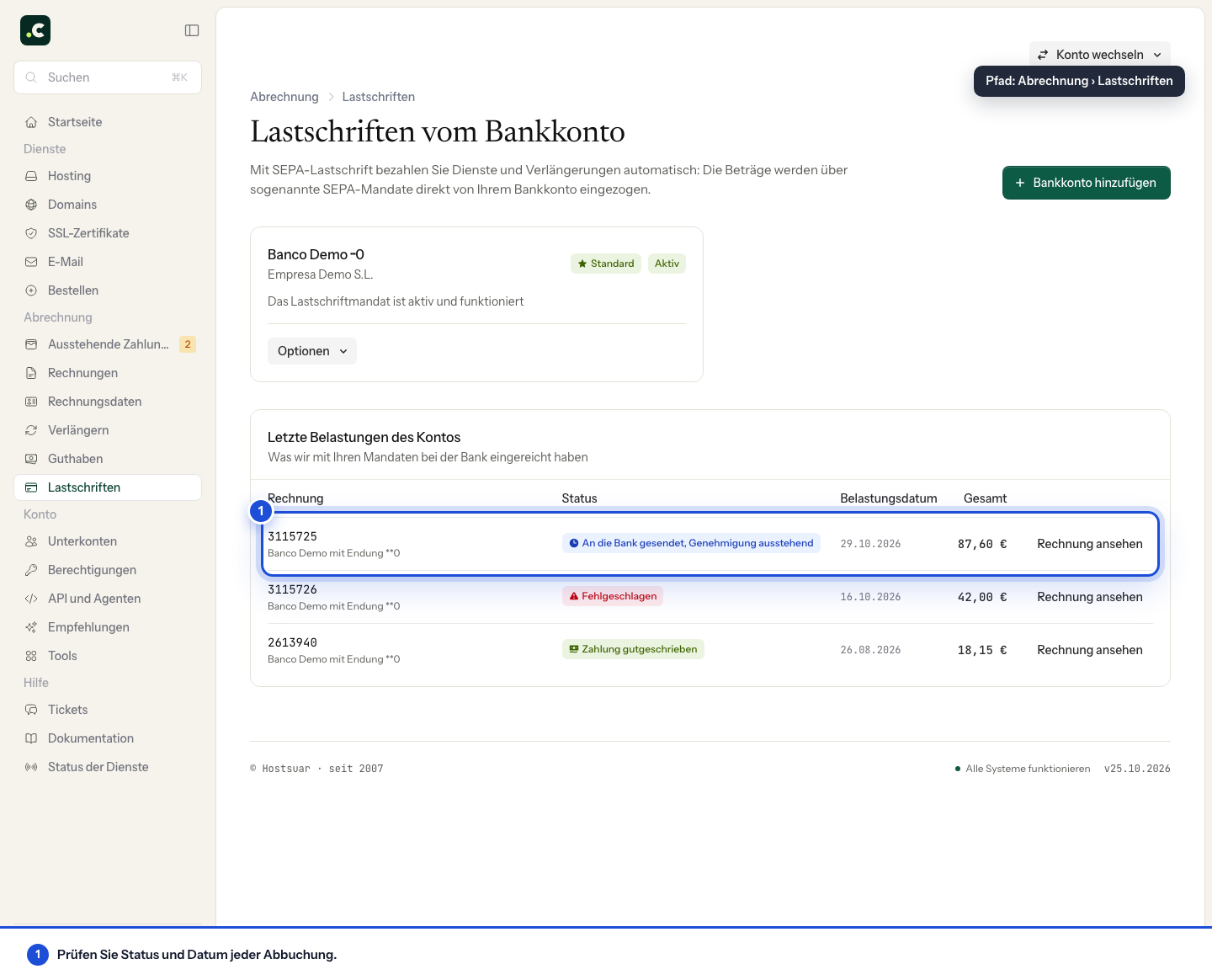 Mandate und letzte Belastungen der SEPA-Lastschrift