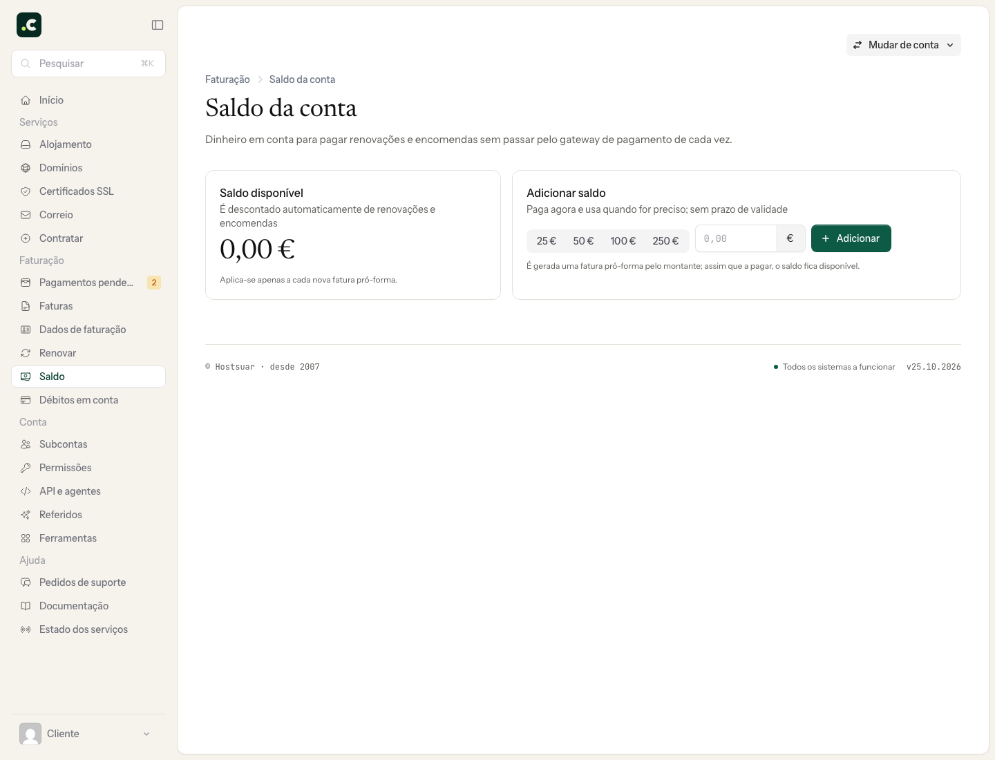 Saldo disponível e formulário para adicionar saldo na conta demo