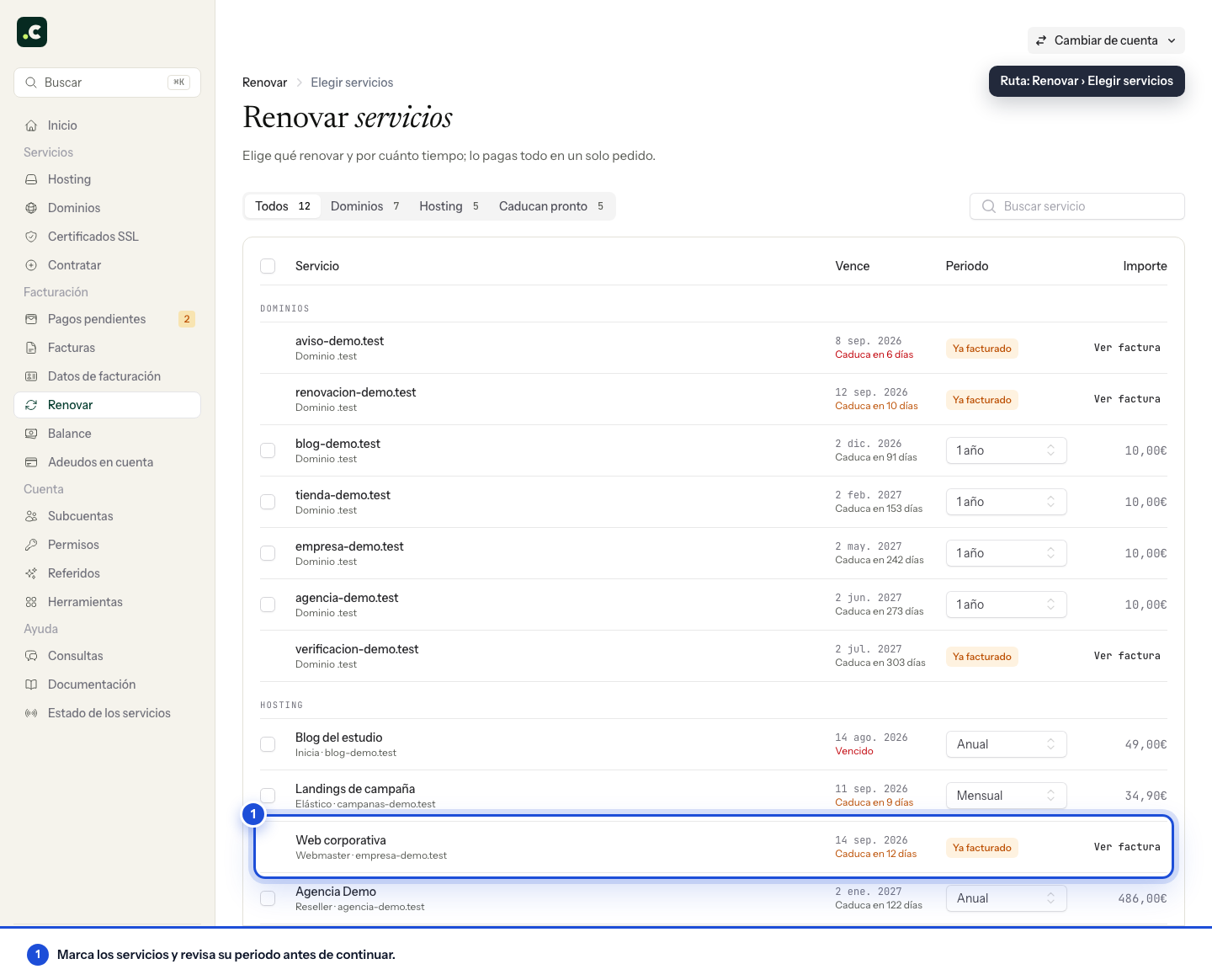 Elegir varios servicios para renovar