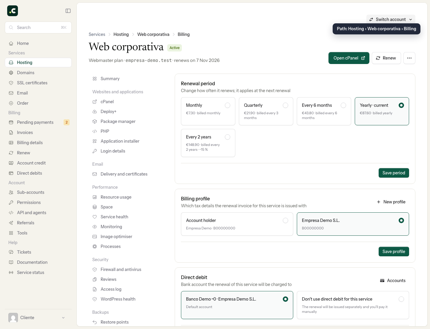 Assigning a billing profile to the hosting