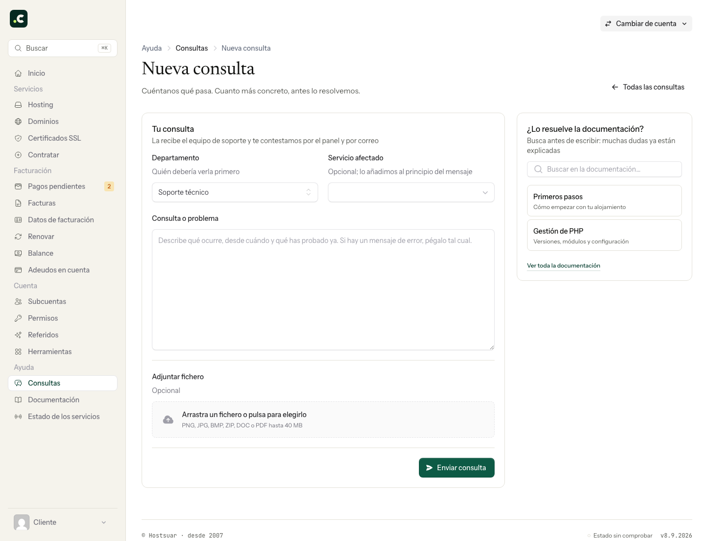 Nueva consulta con departamento, servicio afectado, mensaje y adjunto