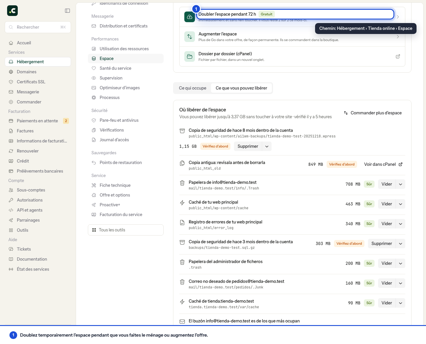 Augmentation temporaire de l'espace depuis les ressources de l'hébergement