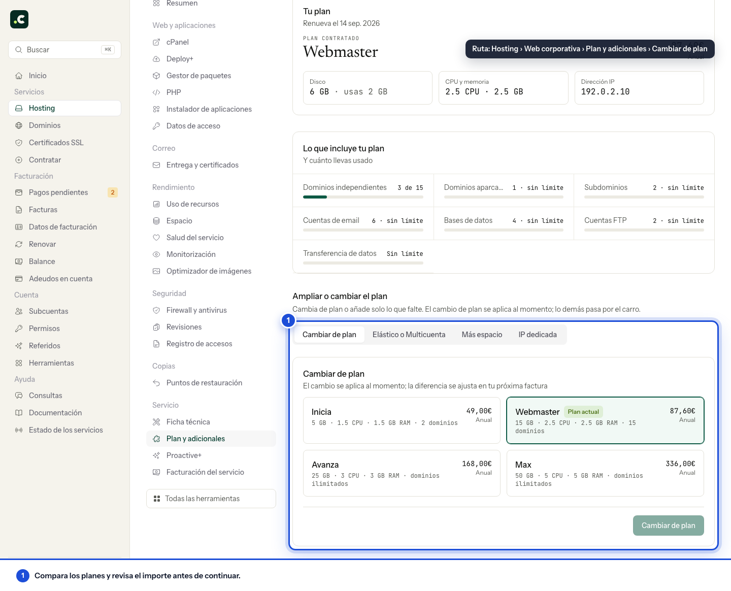 Comparar y cambiar el plan de hosting