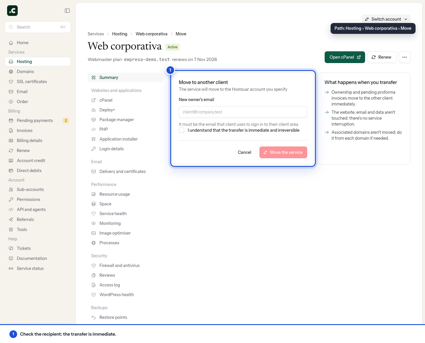 Transferring a hosting service to another client