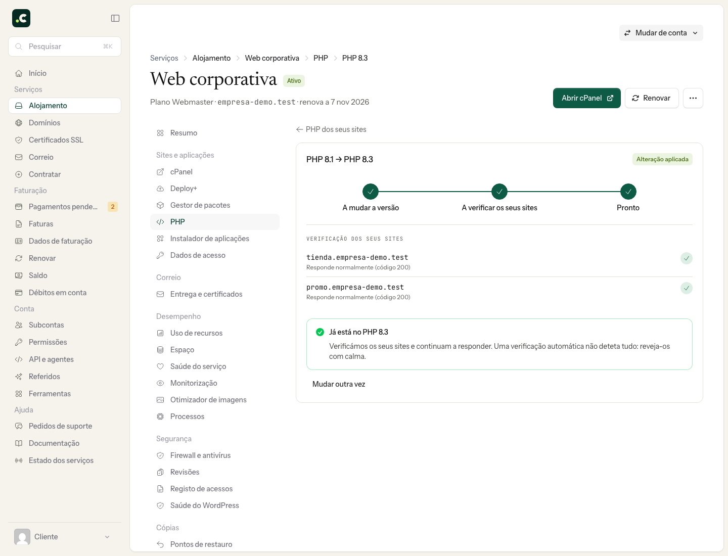 Resultado da alteração de PHP na conta de demonstração; verifique também a aplicação