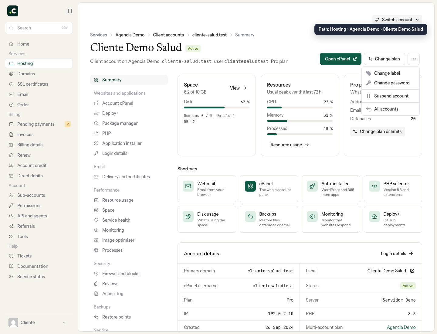 An account's «More actions» menu, with the option to suspend it