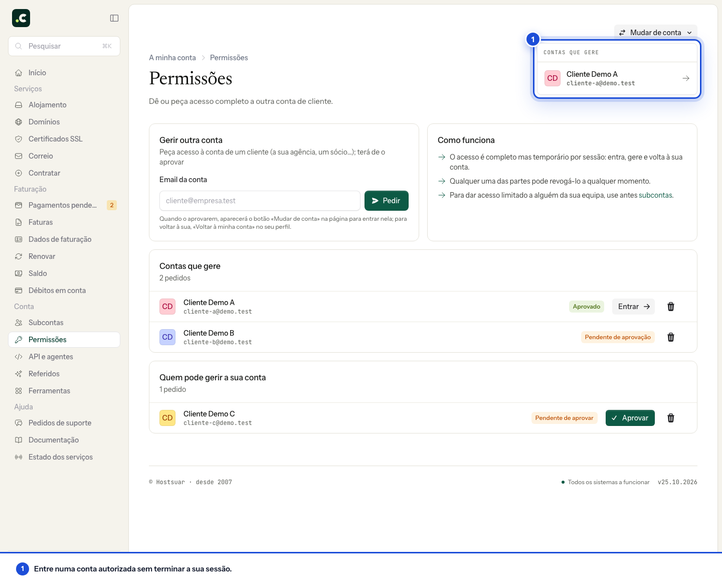 Seletor de contas autorizadas