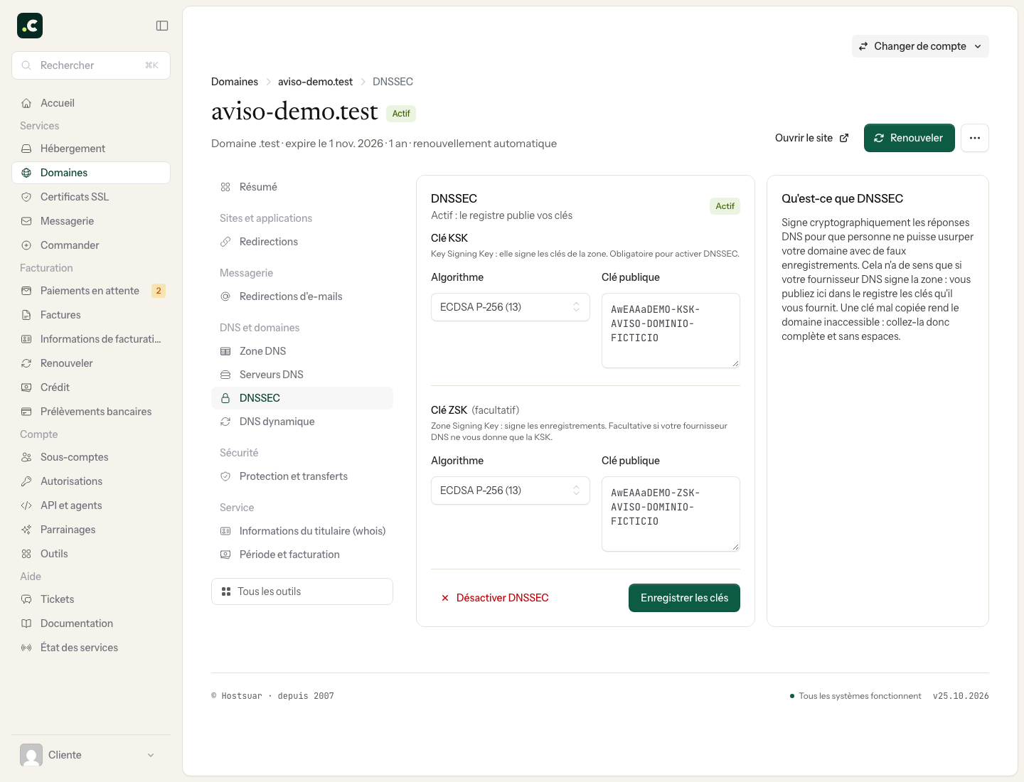 Formulaire DNSSEC du domaine de démonstration et champs de clé publique