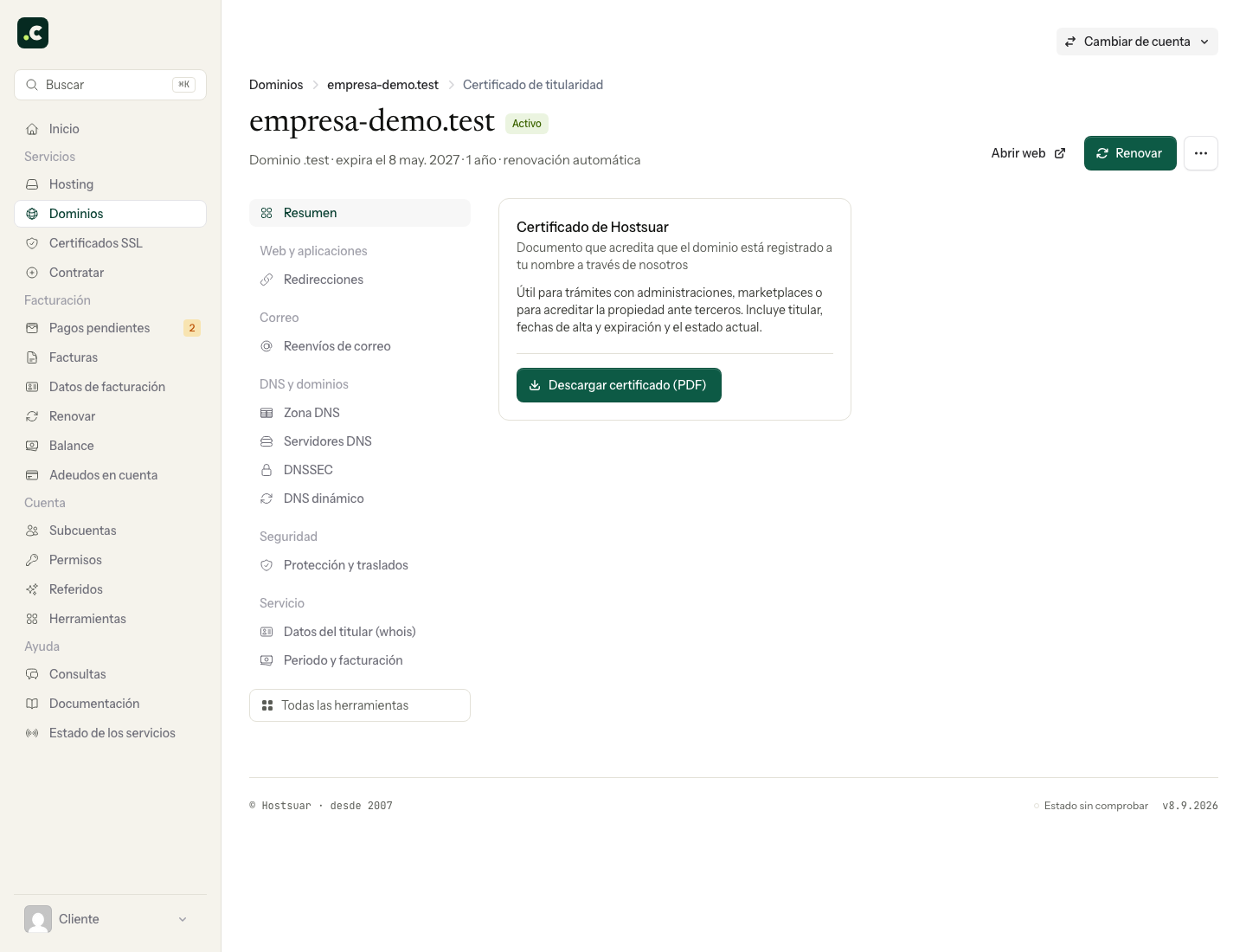Descarga del certificado de titularidad de Hostsuar en la ficha de un dominio demo
