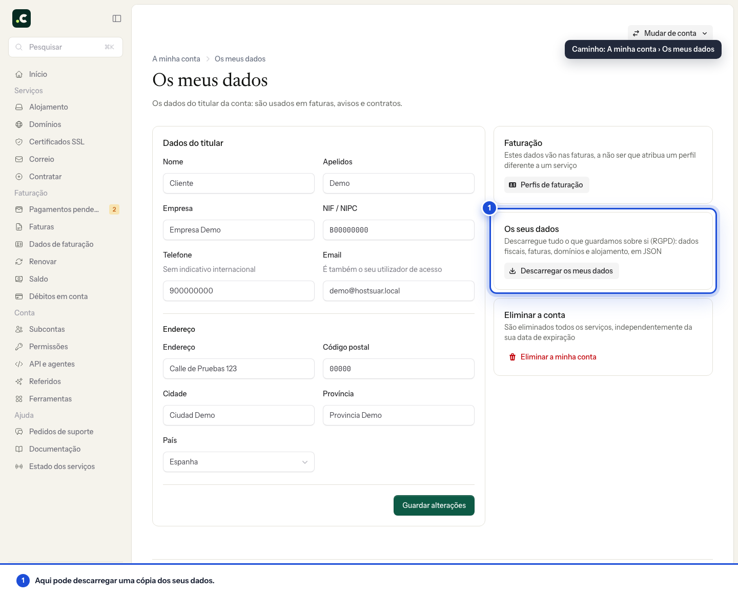 Descarregar uma cópia dos dados da conta