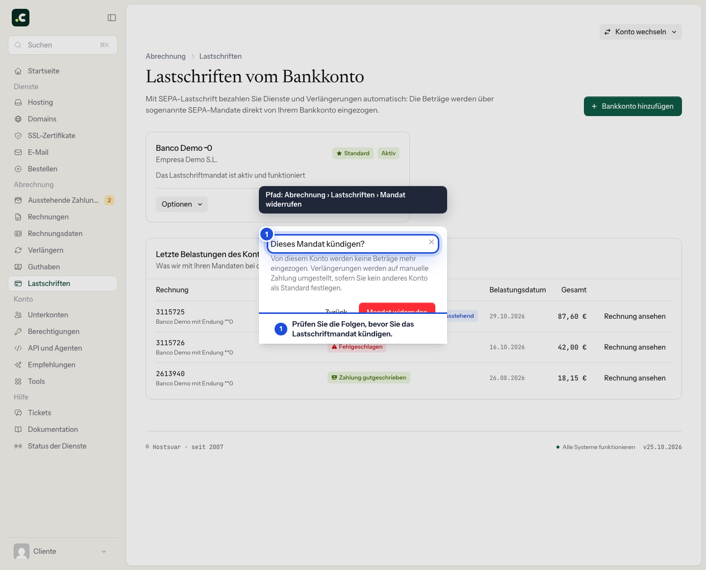 Bestätigung zum Widerruf eines Bankmandats