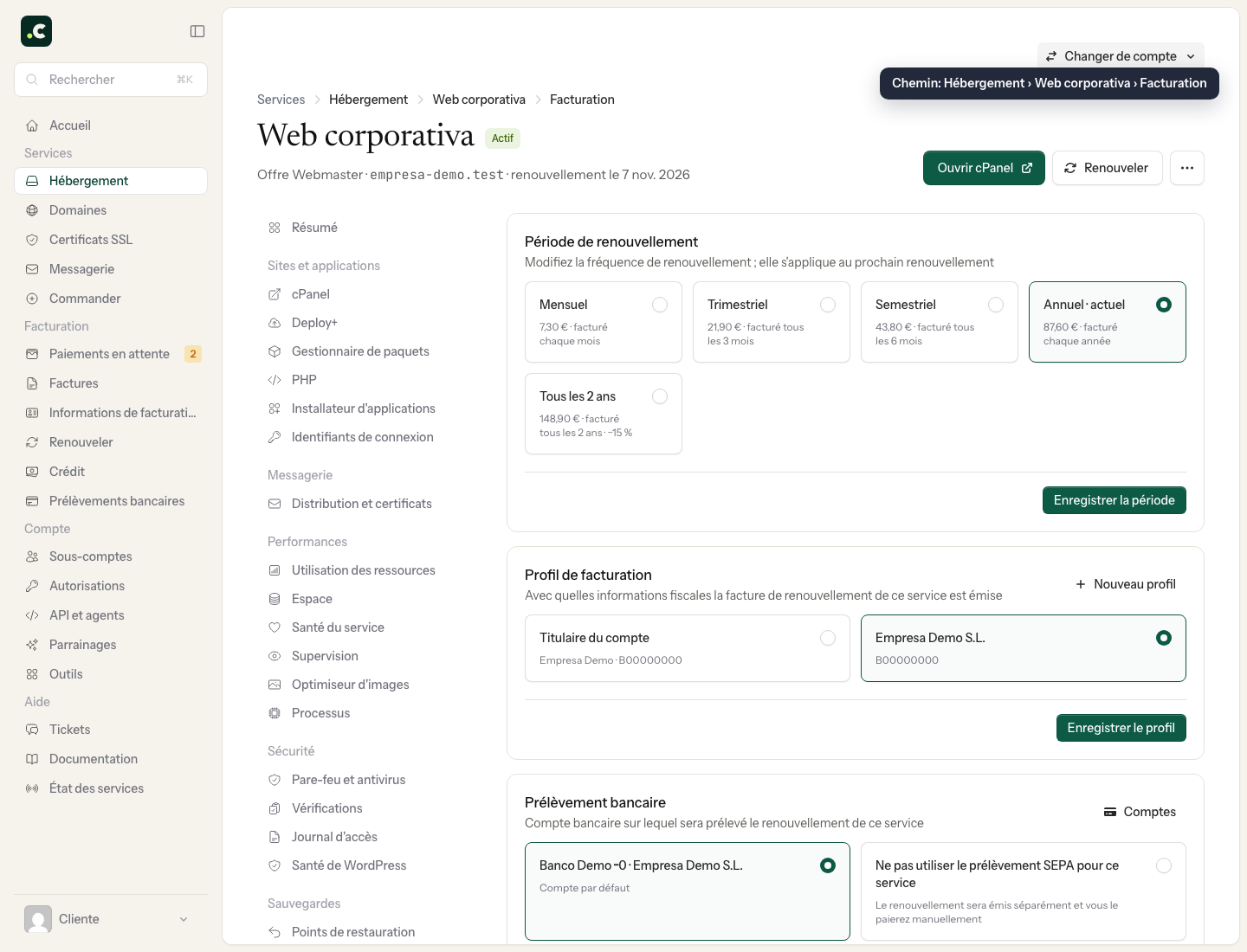 Attribuer un profil de facturation à l'hébergement