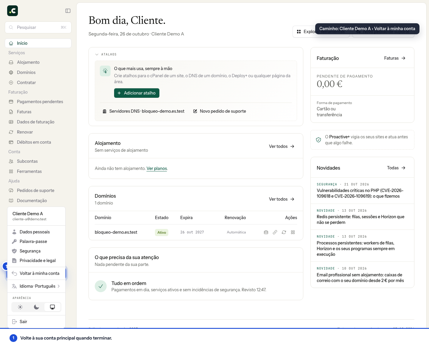 Voltar à conta principal a partir de uma conta gerida