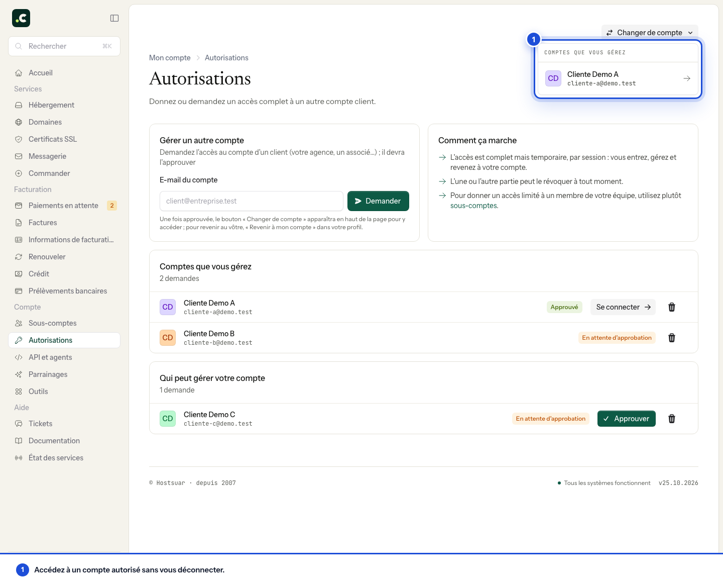 Sélecteur des comptes autorisés