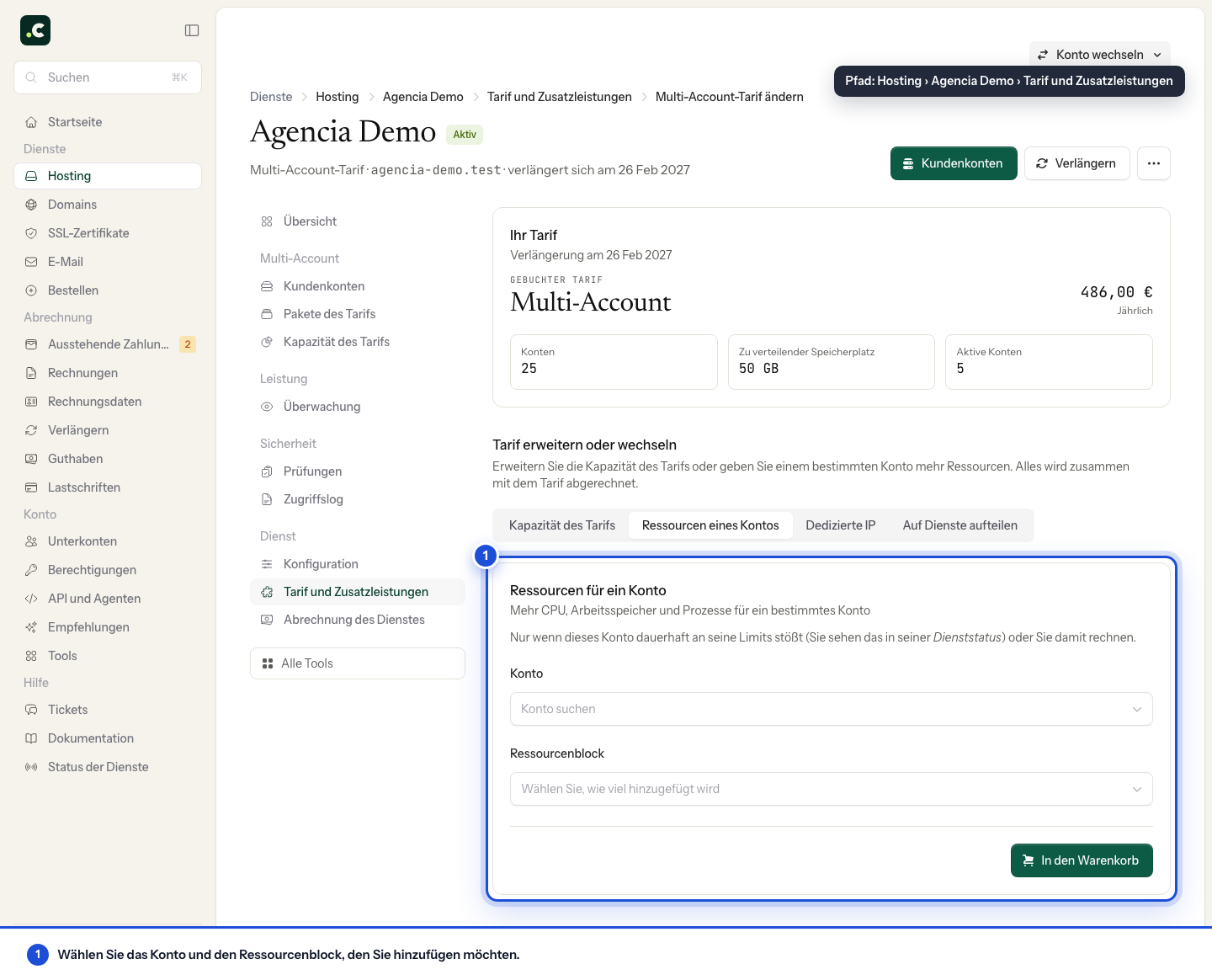 Kapazität eines Multi-Account-Hostings erweitern