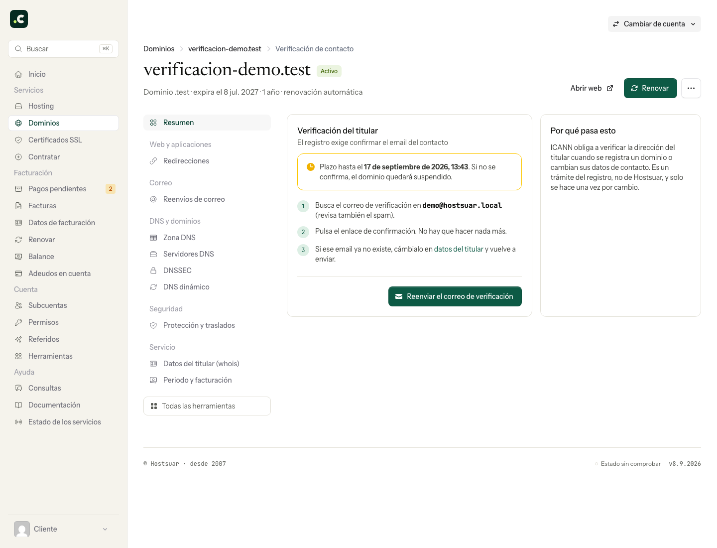 Verificación del contacto en la empresa demo con plazo, email destinatario y botón de reenvío