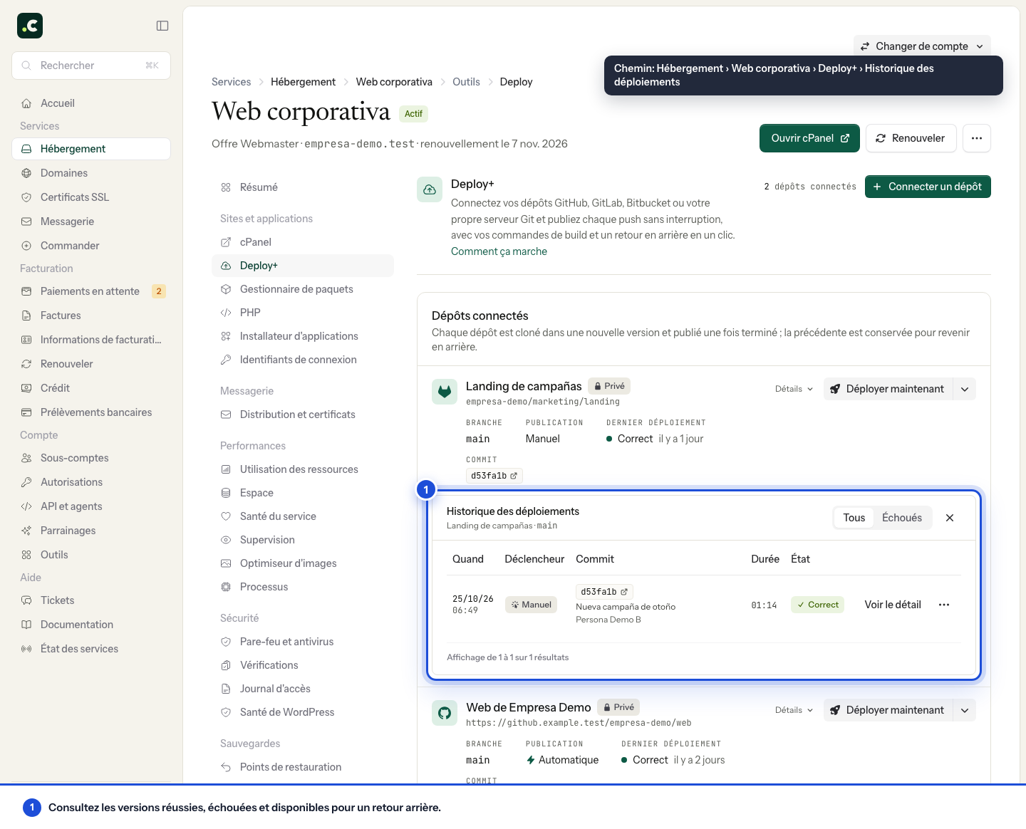 Historique des déploiements et versions disponibles