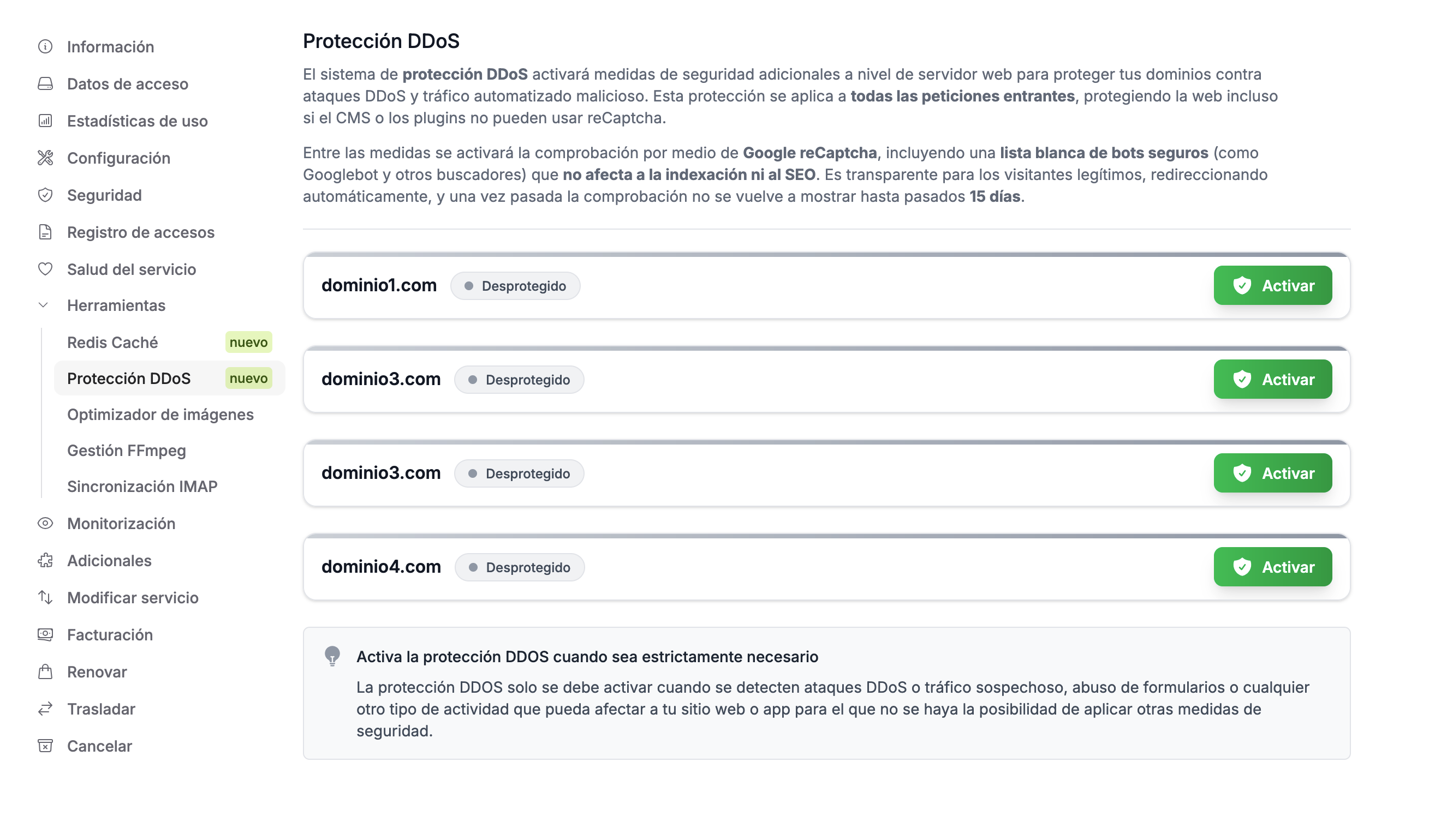 Protección DDoS en el panel de cliente