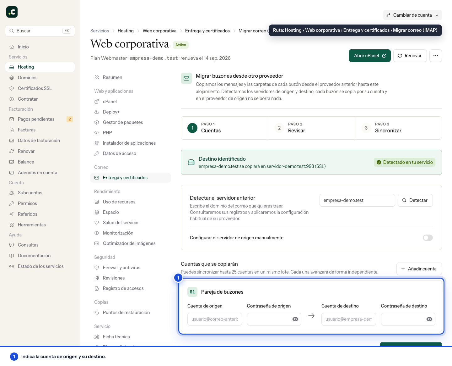 Interfaz de sincronización de correo mediante imapsync