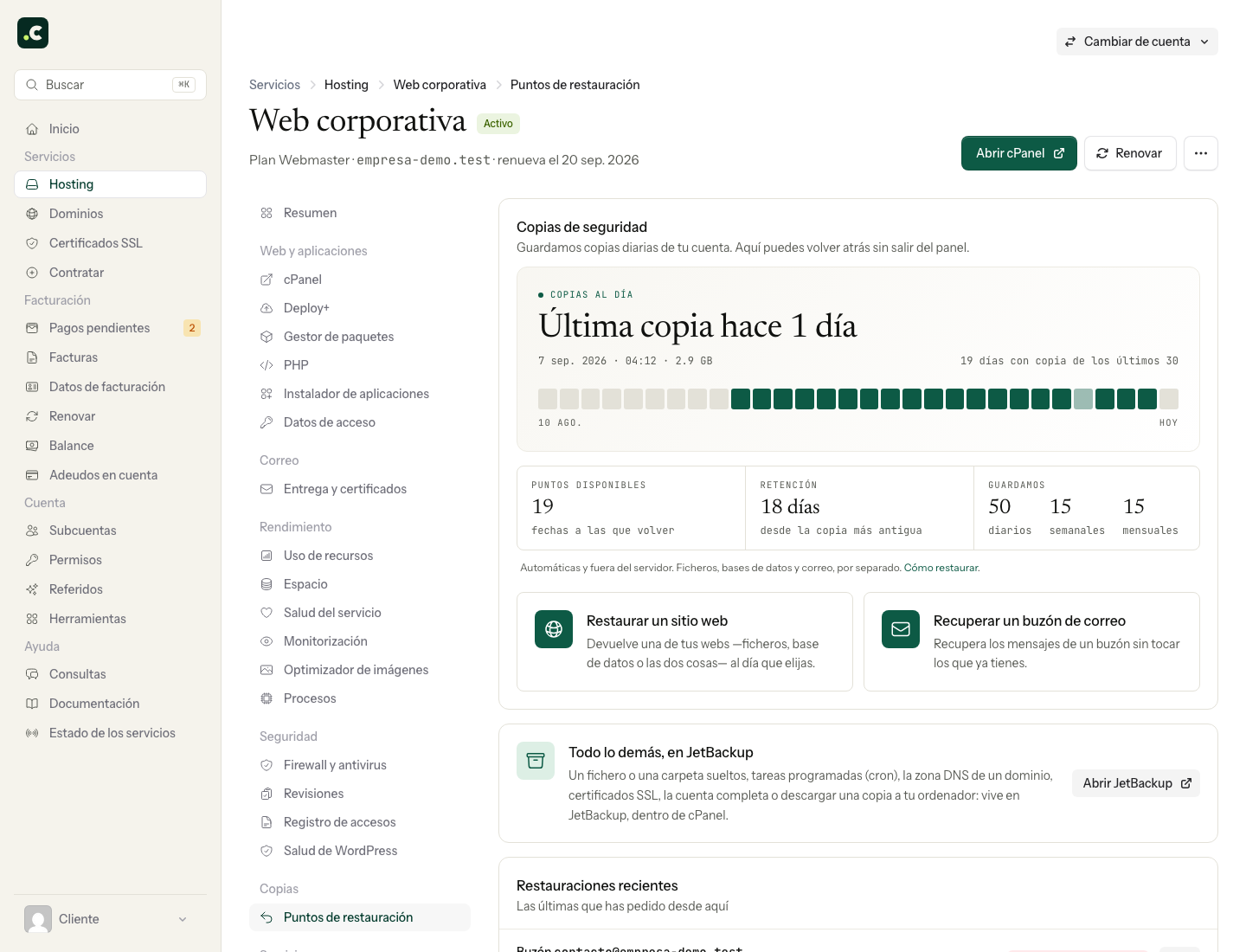 Puntos de restauración del hosting demo y accesos a los asistentes de web y correo