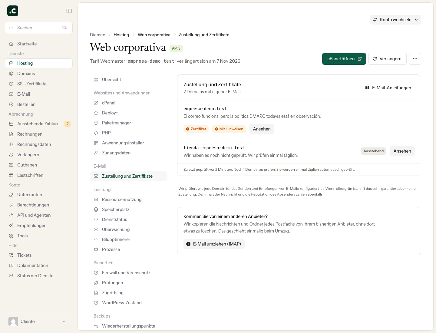Übersicht über E-Mail und Zertifikate eines Hostings