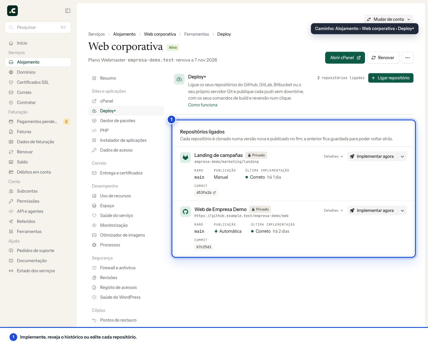 Repositórios ligados e ações de implementação