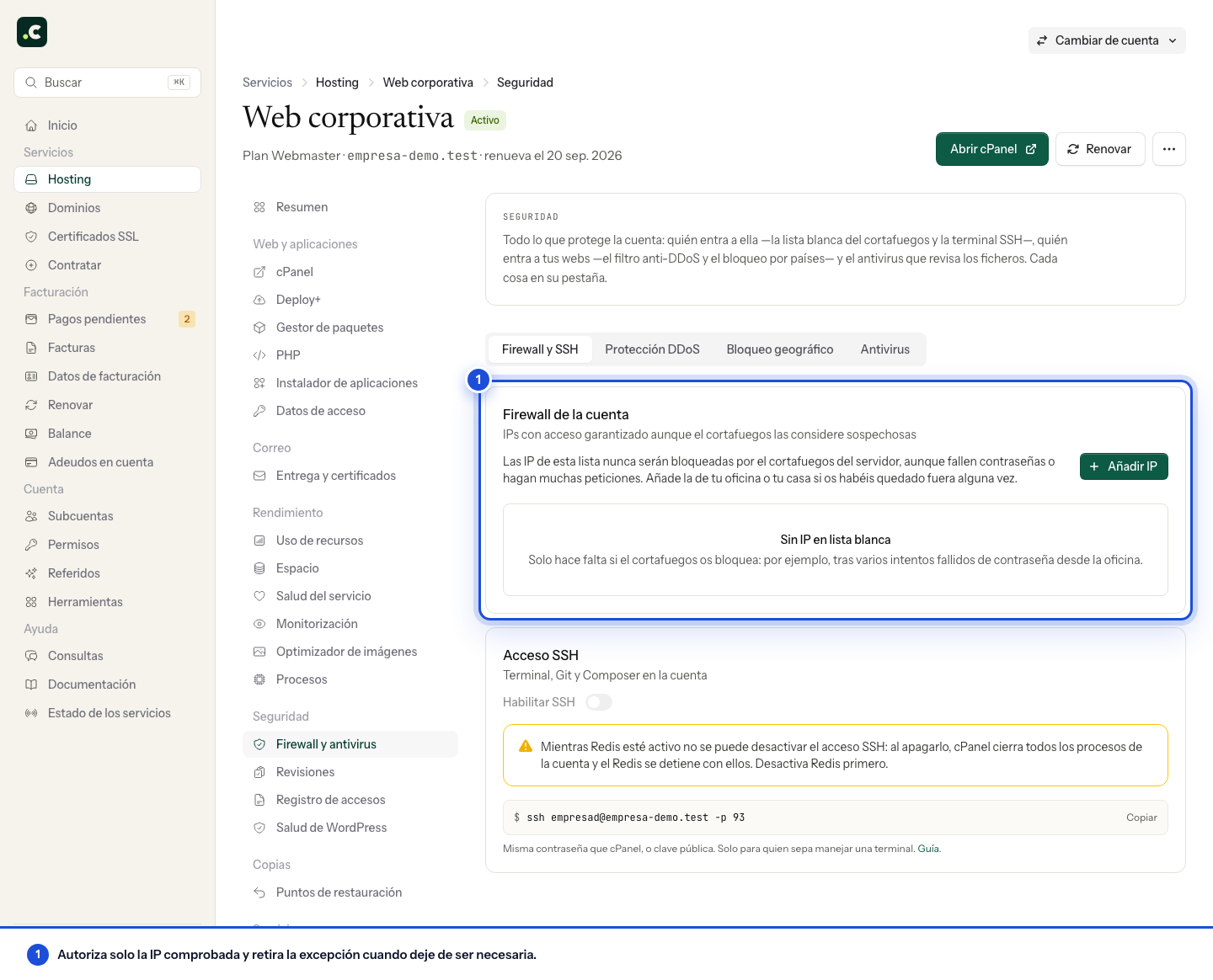 Apartado Firewall de la cuenta para autorizar una IP comprobada