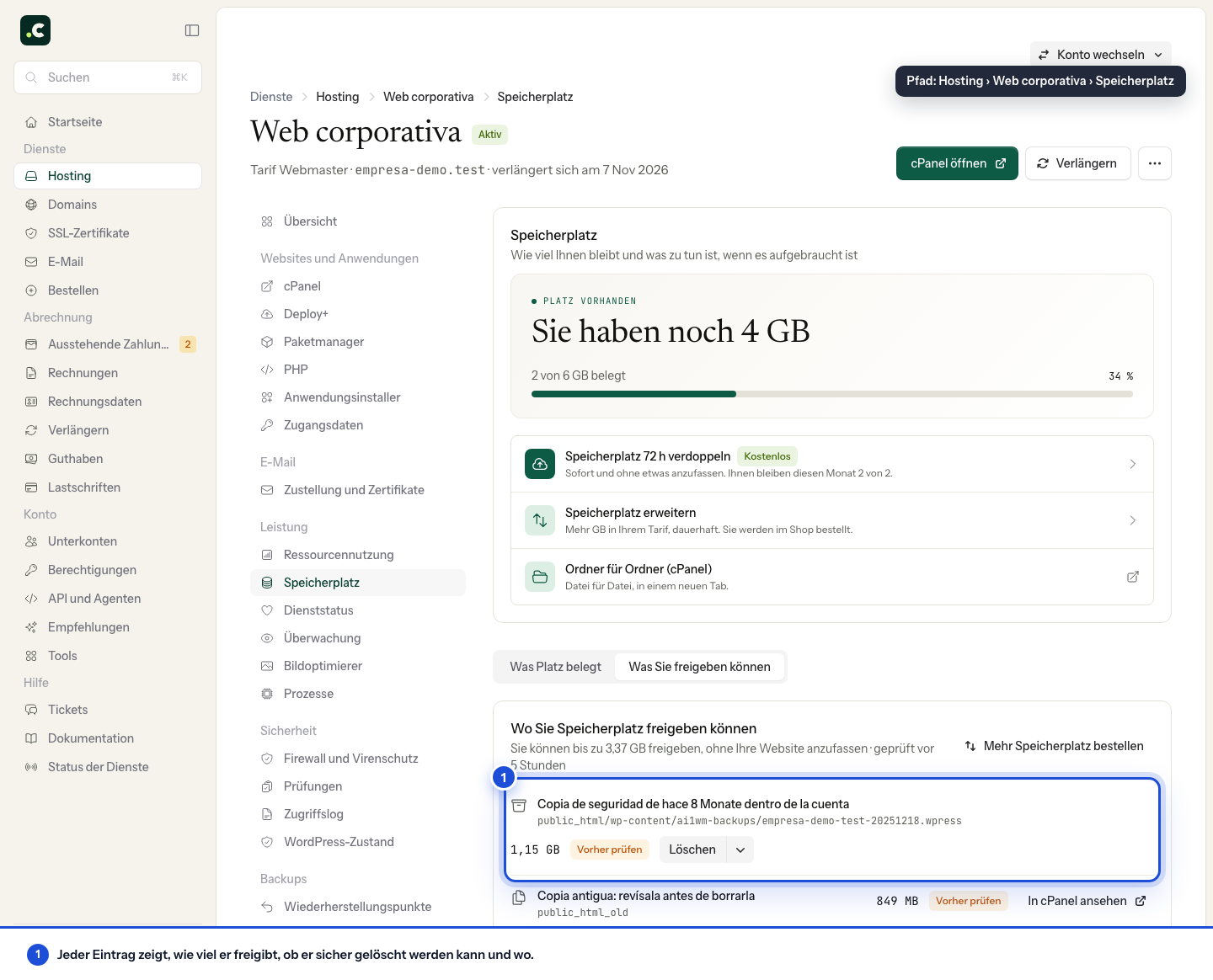 Reiter Was Sie freigeben können mit einem Backup, das vor dem Löschen geprüft werden sollte